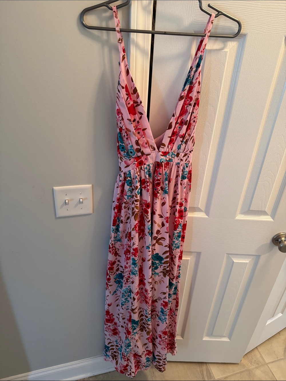 Pink Floral Maxi Dress with V-Neck